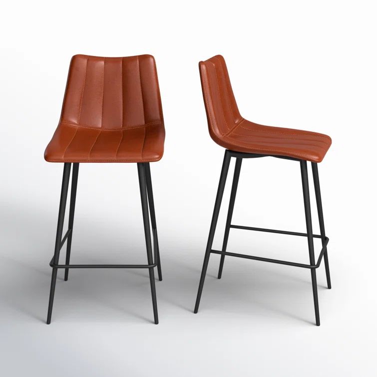 Brown Vegan Leather and Steel Counter Stools, Set of 2