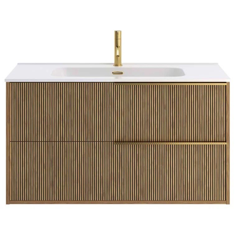 Demeter 40" Medium Brown MDF Wall Mounted Vanity with White Ceramic Top