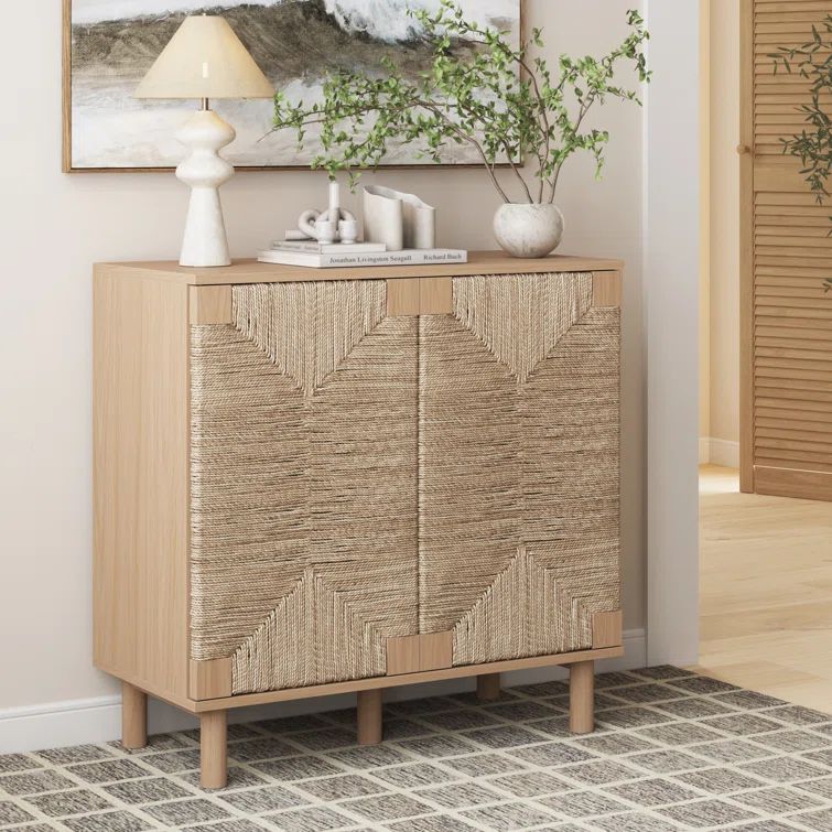Raw Oak and Seagrass Boho Accent Cabinet with Adjustable Shelf