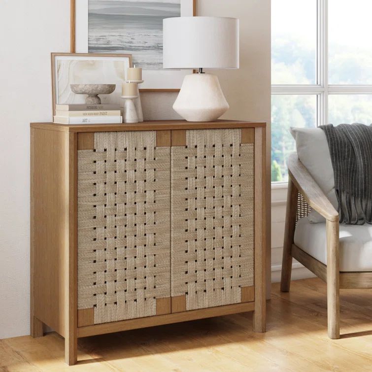 Aerie Light Brown Wood Cabinet with Seagrass Doors and Adjustable Shelving