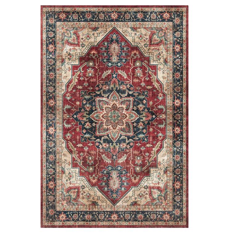Large Red and Cream Synthetic Moroccan Area Rug