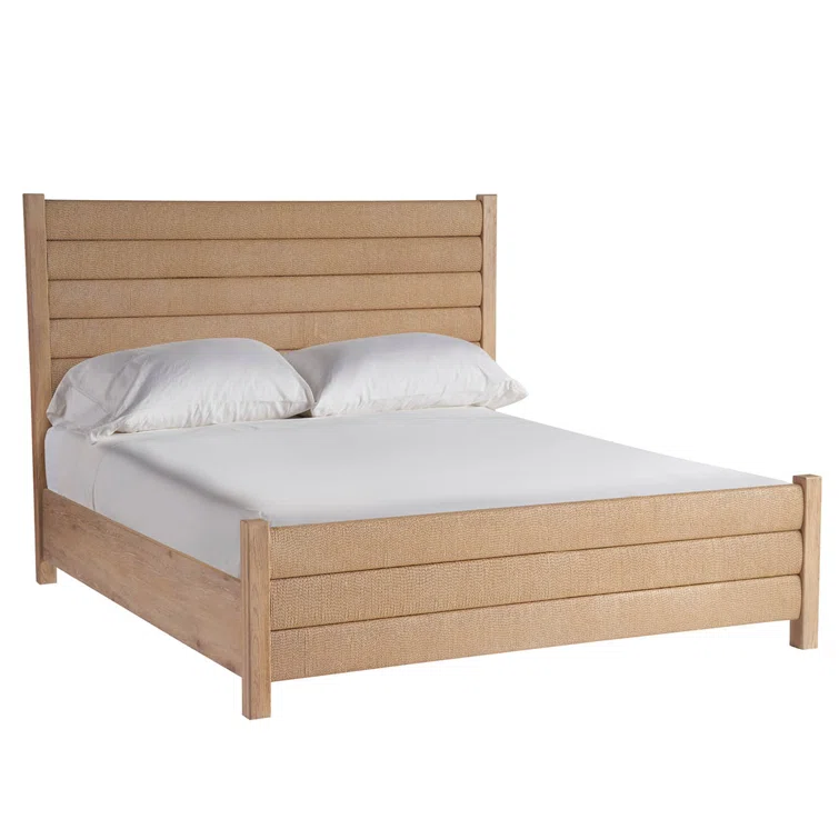 King Size Beige Wood Frame Poster Bed with Woven Headboard