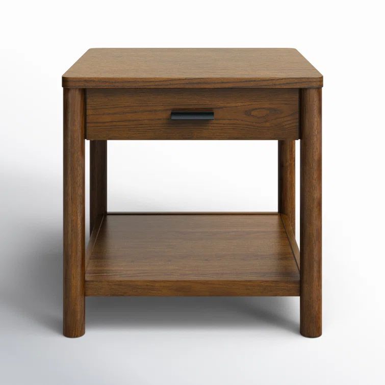 Medium Oak Wood and Metal End Table with Storage Drawer