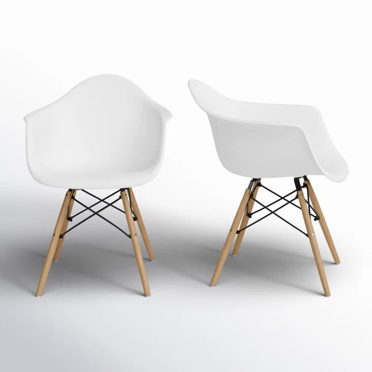 White Acrylic Arm Chair with Natural Wood Legs, Set of 2