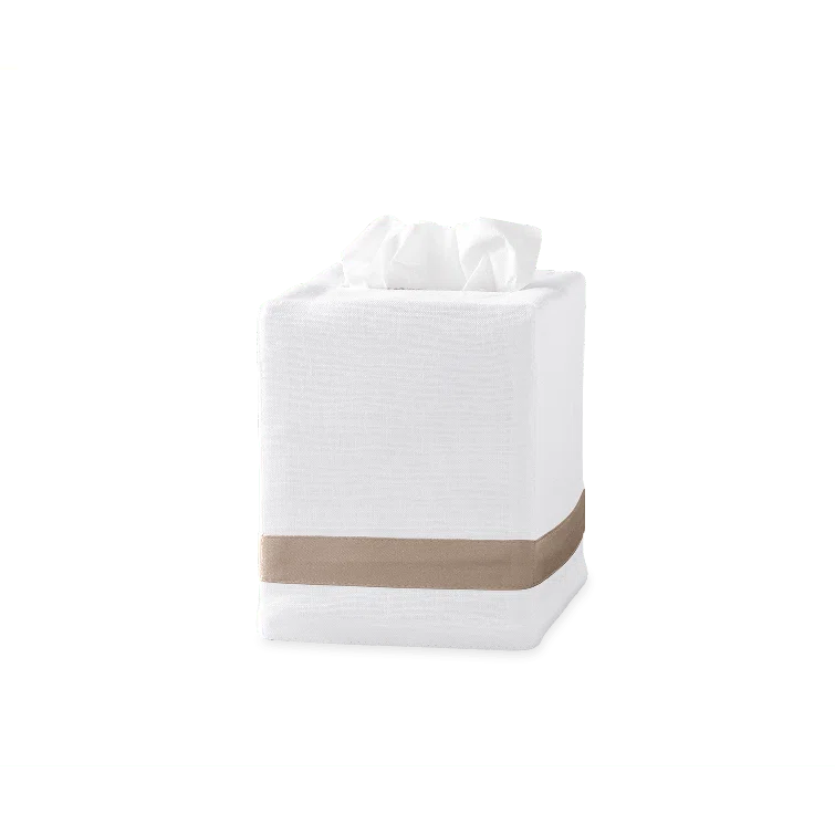 Khaki and White Linen Tissue Box Cover with Sateen Trim