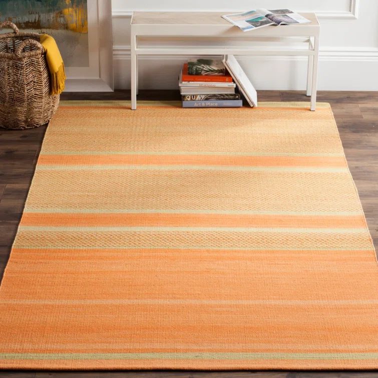 Handmade Orange and Lime Wool Flat Woven Rug, 4' x 6'
