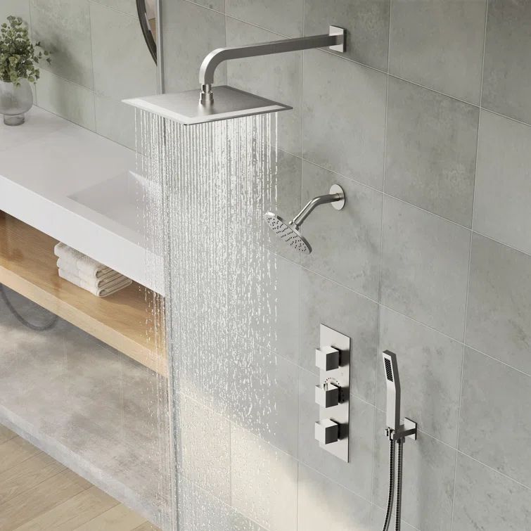 Brushed Nickel Dual Shower System with Handheld Spray and Thermostatic Valve