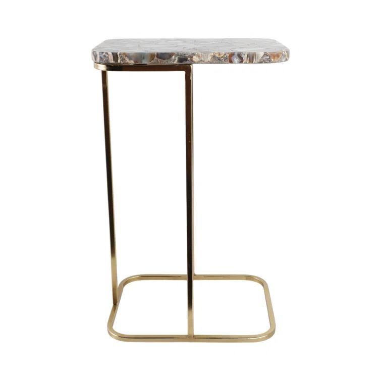 24" Black Agate Stone Top C-Table with Gold Metal Frame