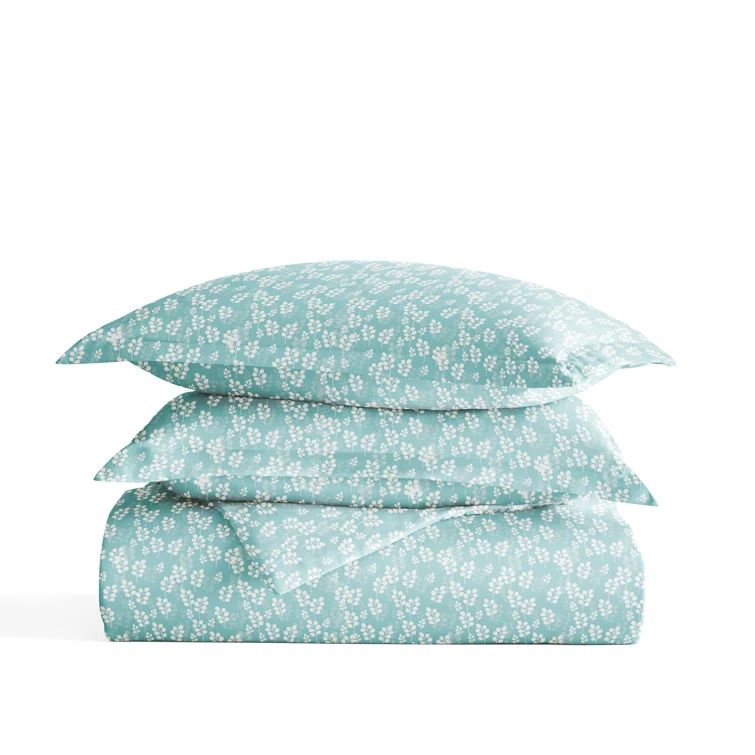 Pale Blue Floral Microfiber Queen Duvet Cover Set