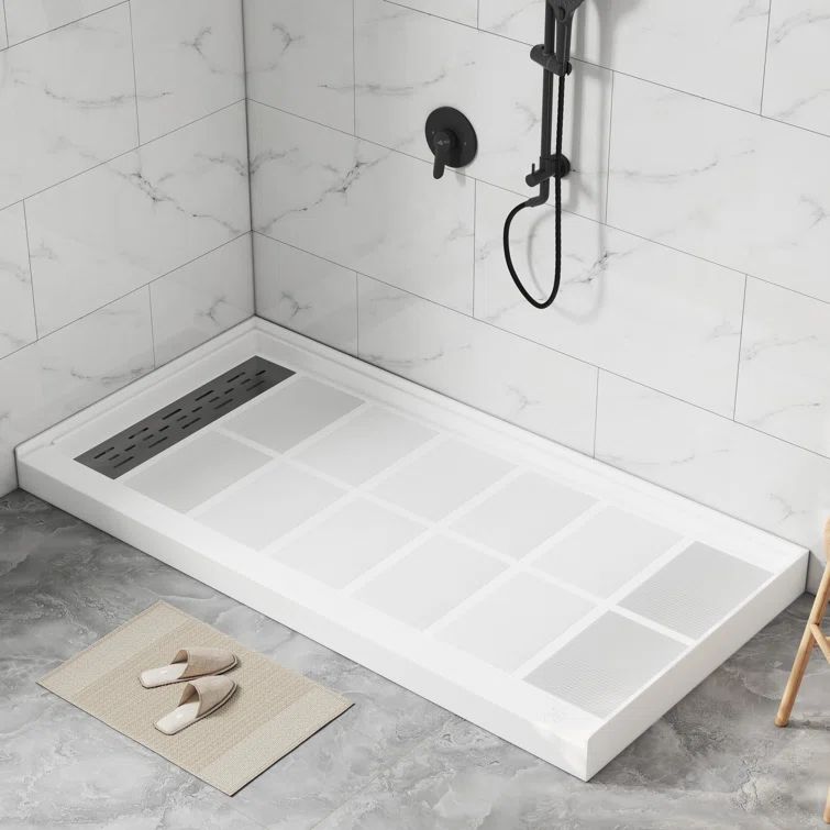 60 in x 30 in White Solid Surface Shower Pan with Stainless Steel Drain Cover