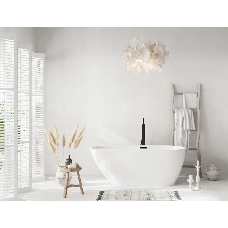 59 Inch Glossy White Acrylic Freestanding Bathtub with Matte Black Trim