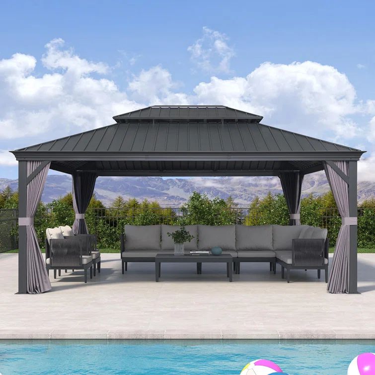 Grey 13' x 17' Aluminum and Steel Hardtop Gazebo with Curtains