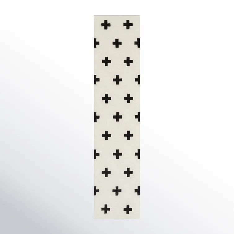 Black and Off-White Geometric Wool Runner Rug