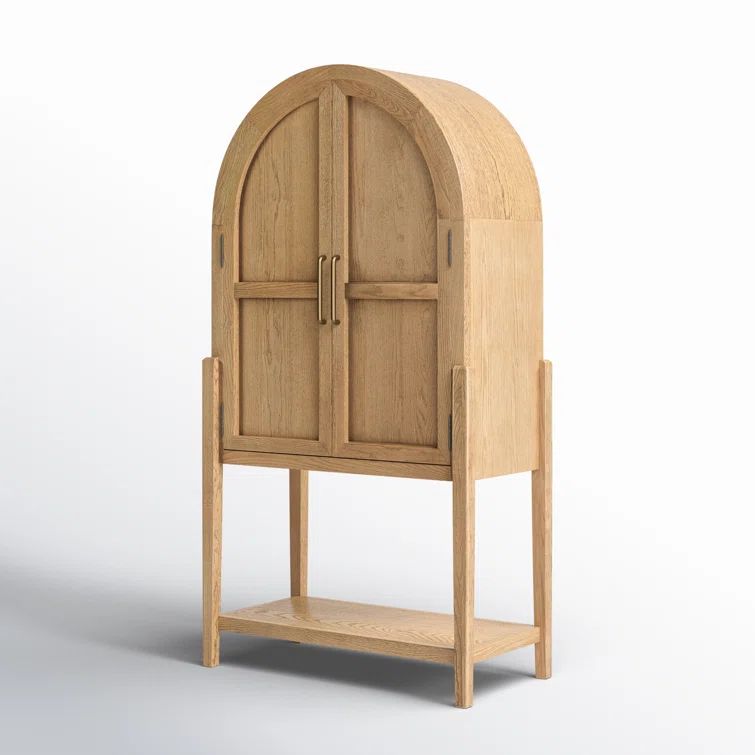 Drifted Oak and Antique Brass Arched Bar Cabinet