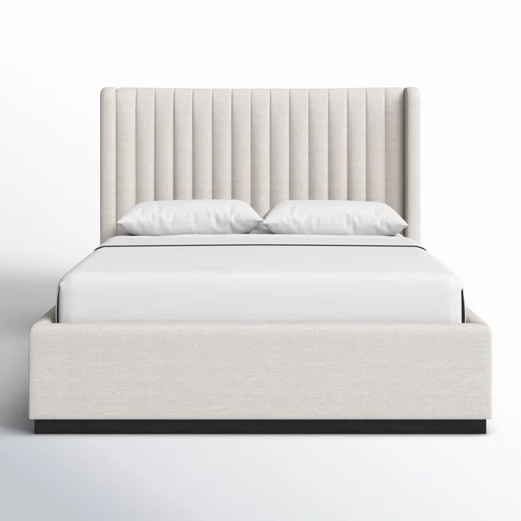 Beige Linen Upholstered Queen Bed with Tufted Headboard