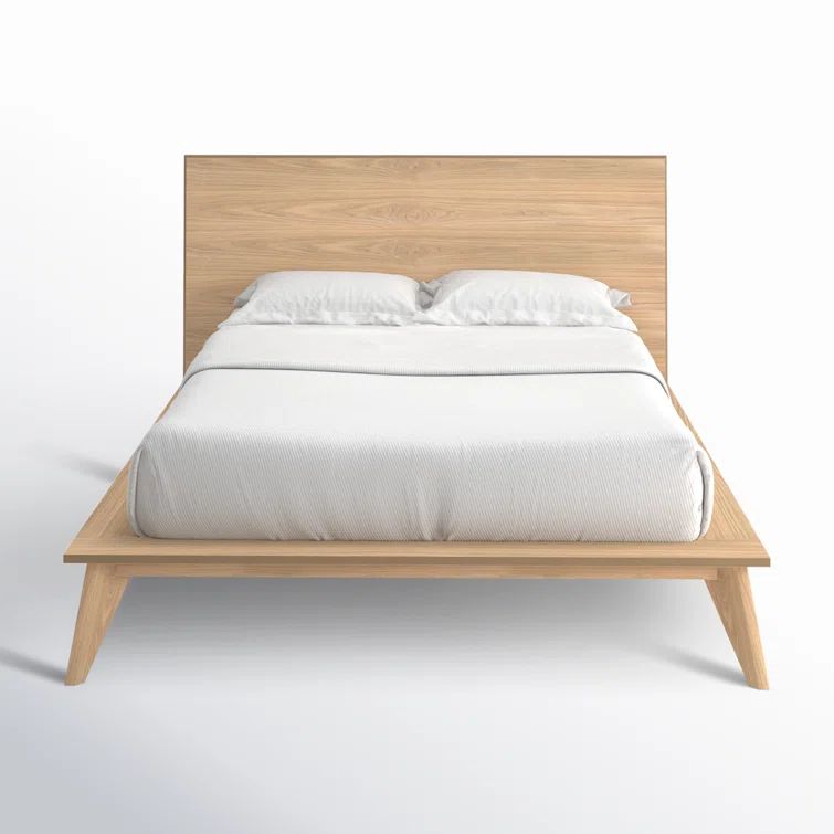 Queen Oak Wood Platform Bed with Headboard and Drawer