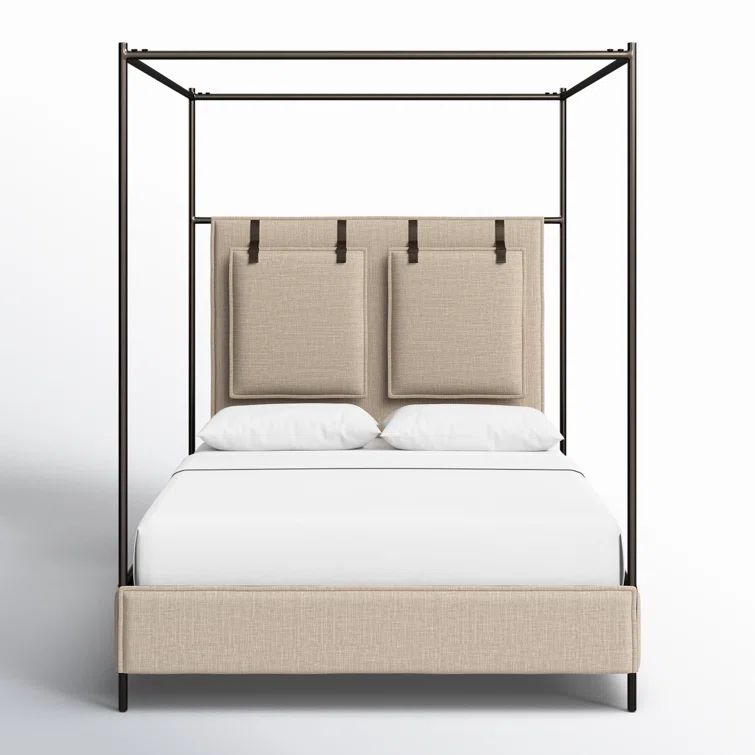 Beige Upholstered Queen Bed with Leather Strap Headboard