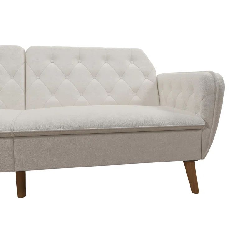Ivory Boucle Fabric Twin Sleeper Sofa with Tufted Back