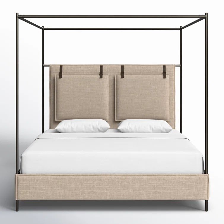 Beige King Upholstered Canopy Bed with Leather Headboard