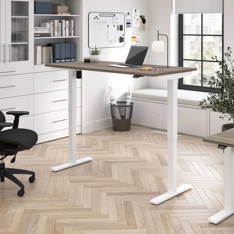 Modern Hickory and White Adjustable Height Standing Desk with Power Outlet