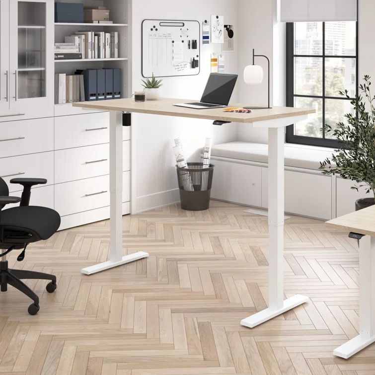 Natural Elm Electric Height Adjustable Standing Desk with White Legs