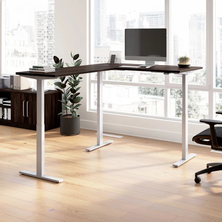 Move 60 Series Adjustable Height L-Shaped Desk in Black Walnut and Gray
