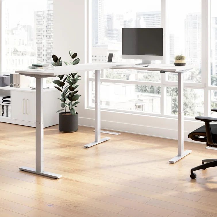 White Adjustable Height L-Shaped Standing Desk with Cool Gray Metallic Base