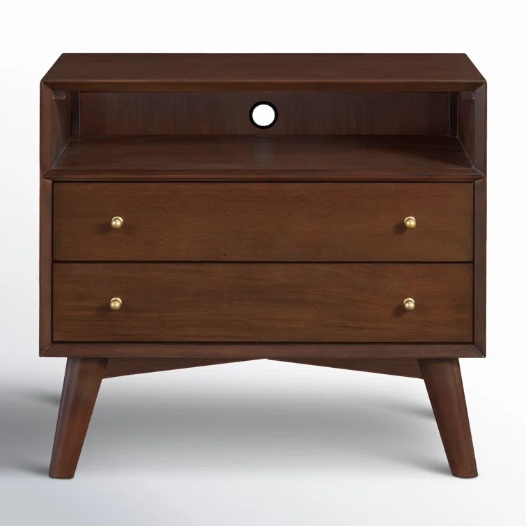 Walnut Brown Mahogany 2-Drawer Nightstand with Shelf