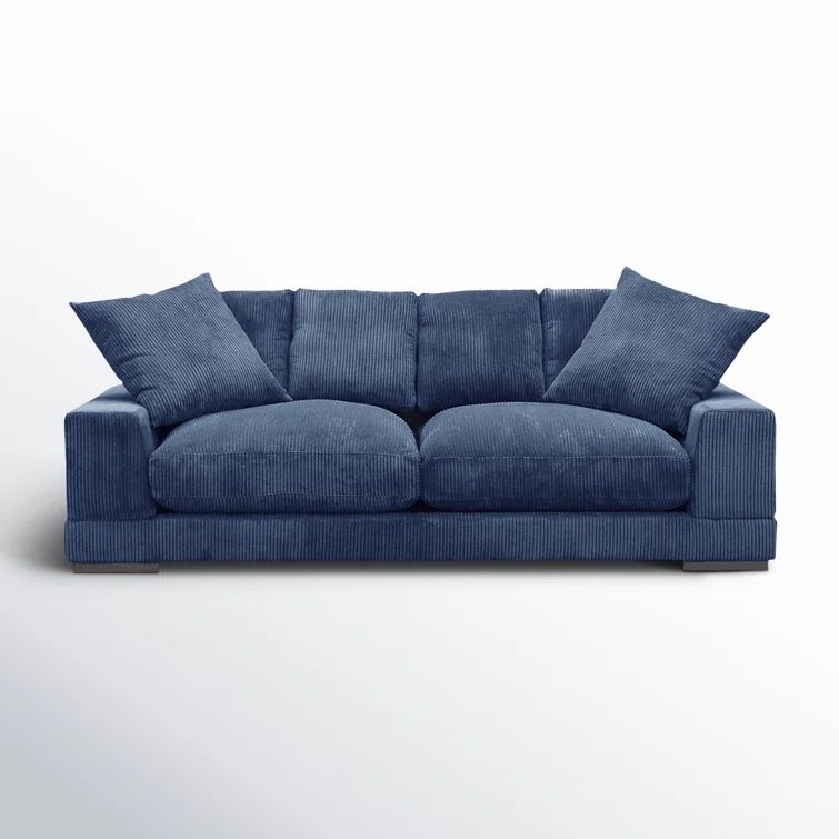 Blue Corduroy Polyester Sofa with Square Arms and Ottoman