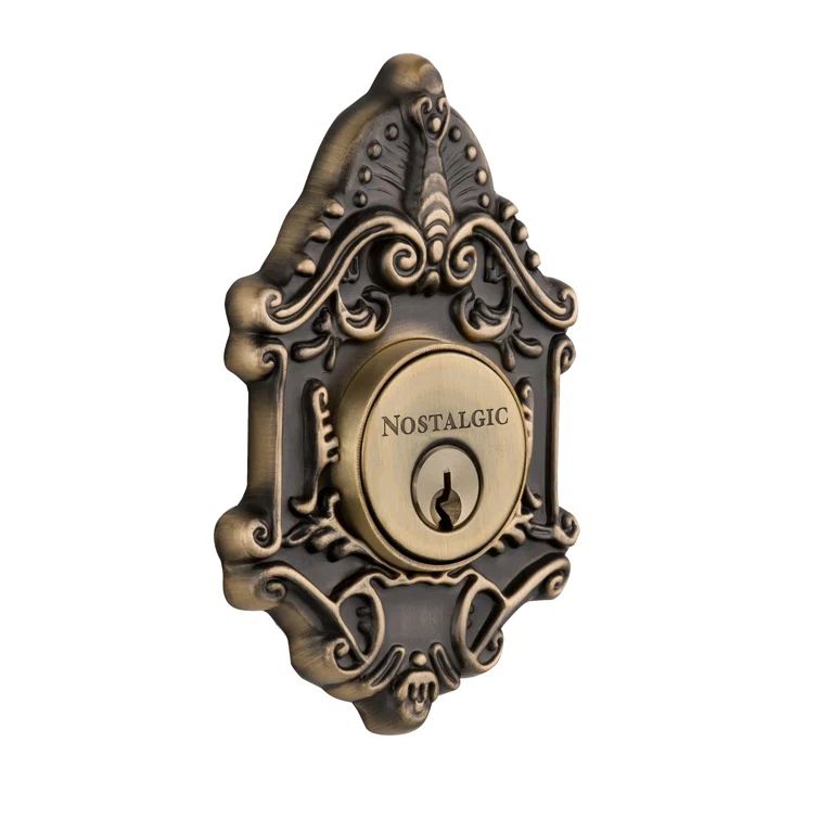 Victorian Antique Brass Single Cylinder Deadbolt with Ornate Design