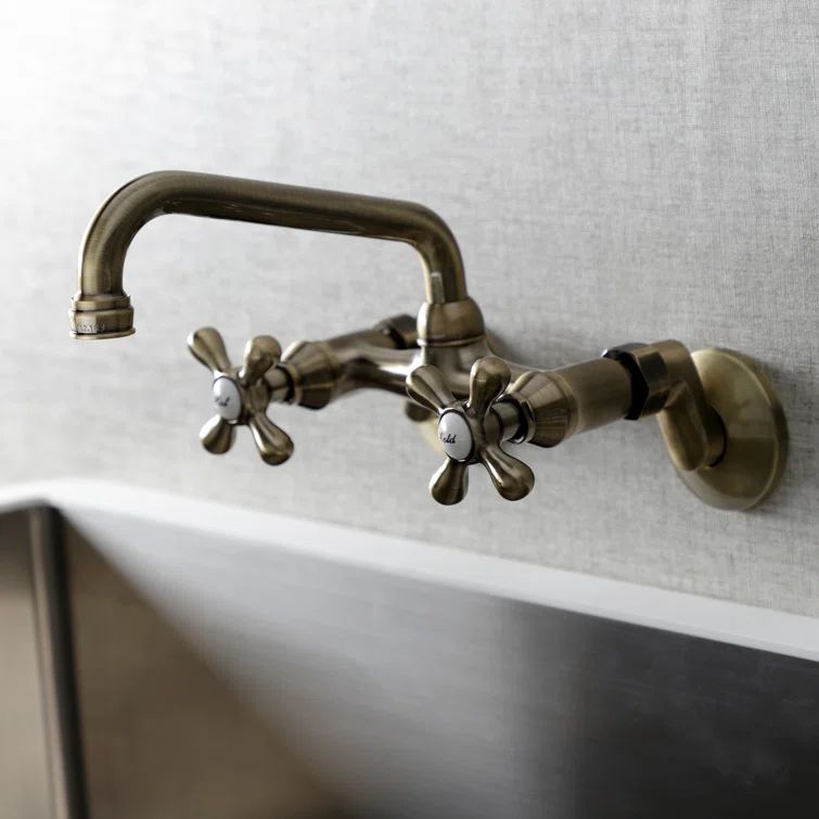 Antique Brass Double Handle Wall Mount Kitchen Faucet