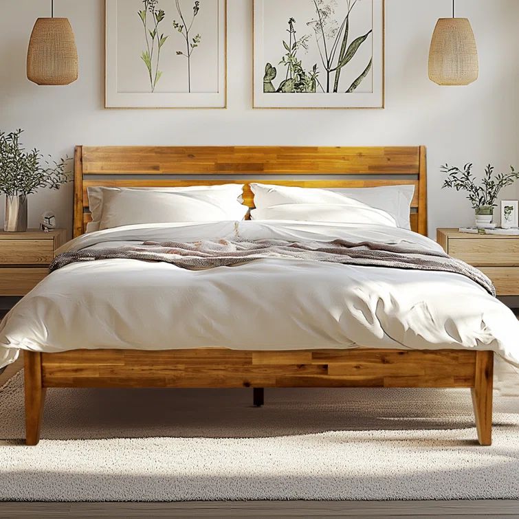 Acacia Caramel King Solid Wood Platform Bed Frame with Headboard