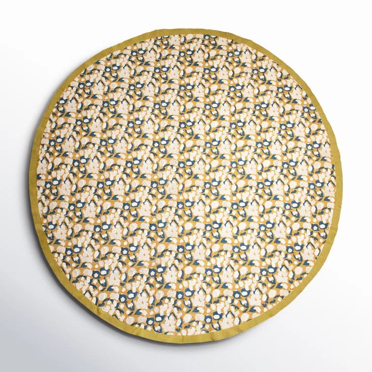 Mustard and Blue Round Floral Fabric Tablecloth