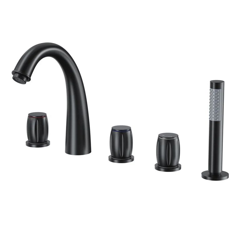 Matte Black Triple Handle Deck Mount Roman Tub Faucet with Hand Shower