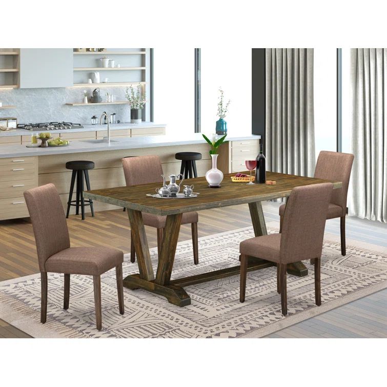 72" Rectangular Asian Wood Dining Table with 4 Upholstered Chairs