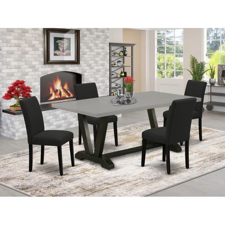 Cement and Black Rubber Wood Dining Set with Linen Fabric Chairs