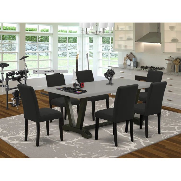 Distressed Jacobean 72" Rectangular Wood Dining Set with 6 Black Chairs