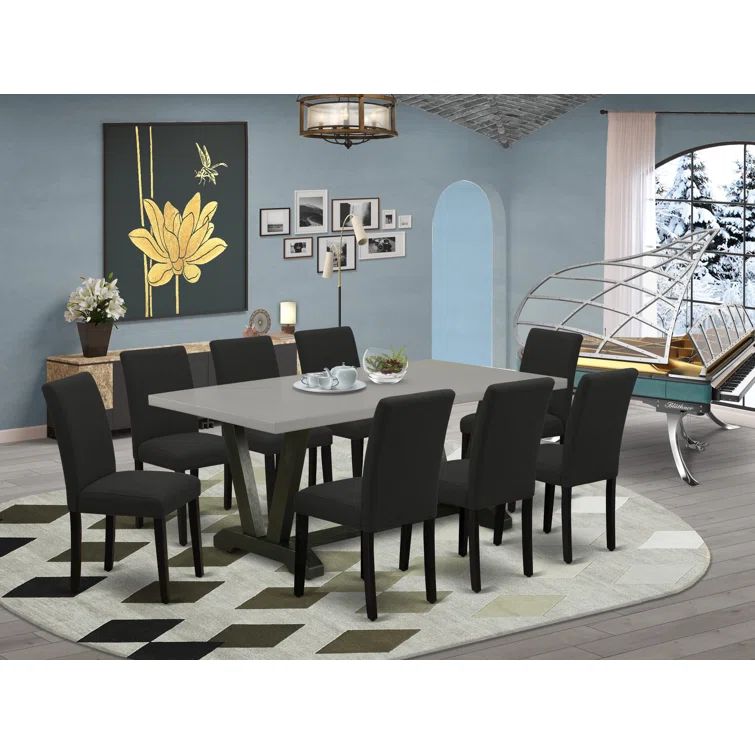 Modern Cement Top Dining Table Set with 8 Black Linen Chairs