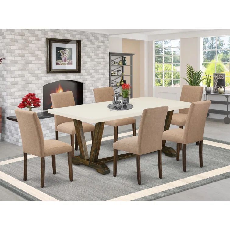 Modern High Back 7-Piece Dining Set in Light Brown Wood