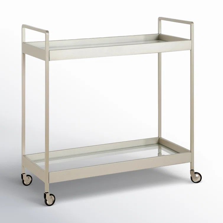 Satin Nickel Rectangular Bar Cart with Glass Shelves and Storage