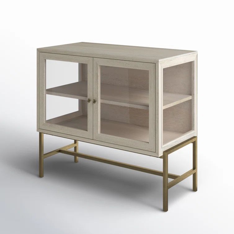 Arelius 36" White and Gold Wood Accent Cabinet with Glass Doors