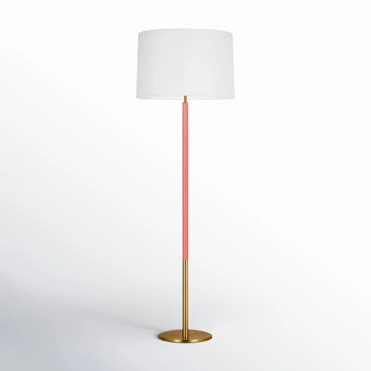 61.88'' Burnished Brass and Coral Steel Floor Lamp with White Linen Shade