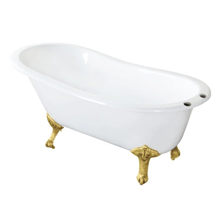 White Cast Iron Single Slipper Clawfoot Tub with Brushed Brass Feet