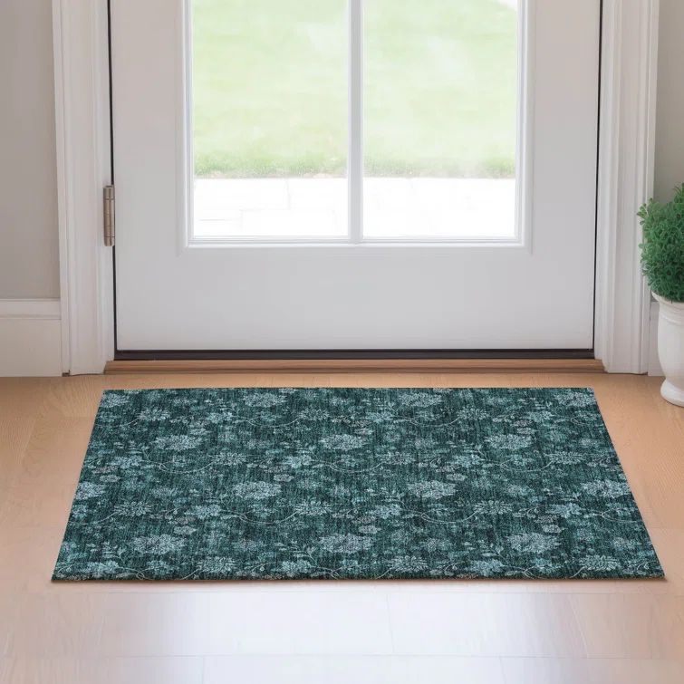 Teal Blue Floral Rectangular Synthetic Washable Rug