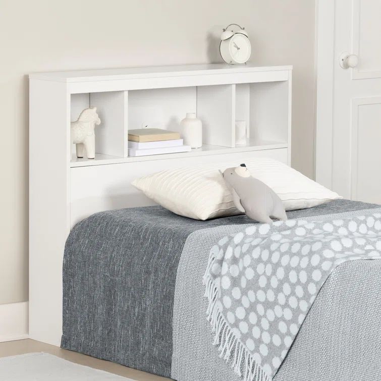 Twin White Wood Bookcase Headboard with Storage