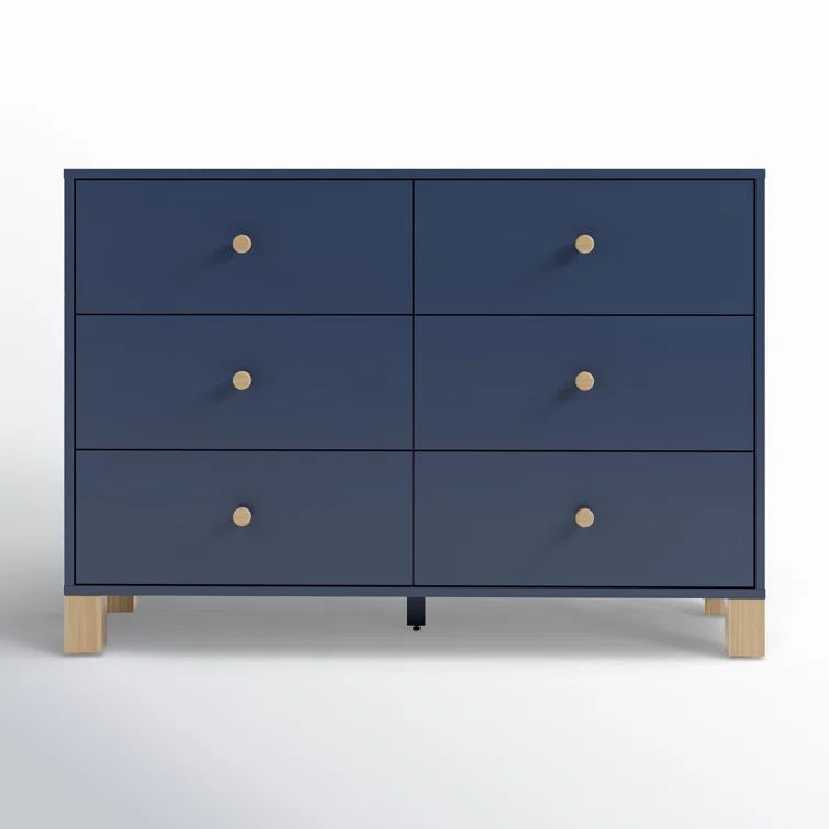 Midnight Blue and Driftwood Pine Double Dresser with Six Drawers
