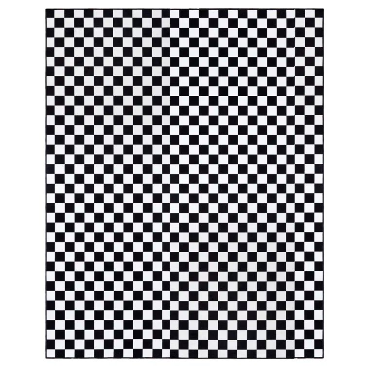Black and White Checkered Synthetic 6' x 9' Washable Area Rug