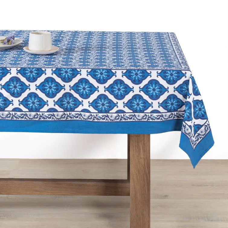 Azulejo Blue and White Floral Linen Tablecloth