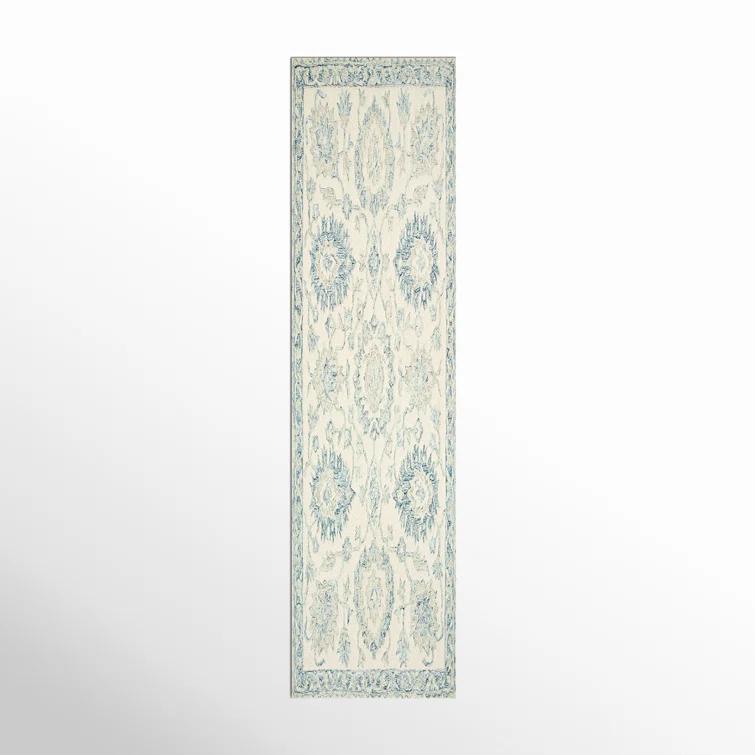 Ivory and Blue Handmade Wool Runner Rug - 2'6" x 9'9"
