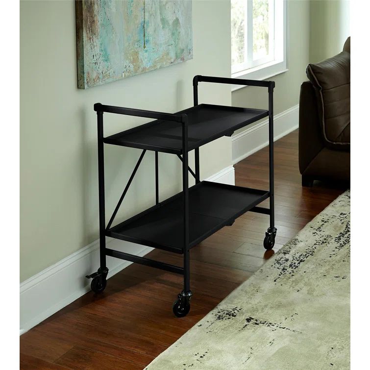 Black Steel 2-Shelf Rolling Serving Cart with Locking Wheels